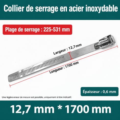 Collier de serrage déverrouillable inox 304 1700 × 12,7 × 0,6 mm pour câble 1700 225-531mm 2 × 2 × 2 cm 100 g – Livraison gratuite