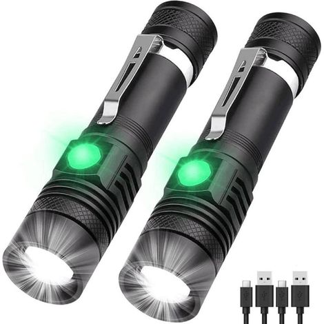 Lampe Torche Rechargeable USB, 2PCS Lampe de Poche LED, 3 Modes, Anti Choc Étanche et Zoomable avec 2 Piles 18650 et Chargeur USB pour Ménage, Camping, Éclairage de Secours
