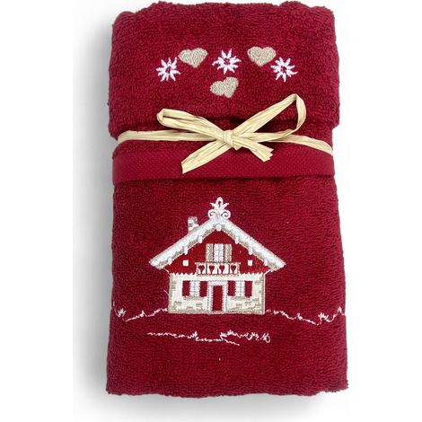 Set Asciugamani Tirolese Casetta Bordeaux - Tirolo - Spugna 100% Cotone - Ricamo Chalet Montagna Made in Italy