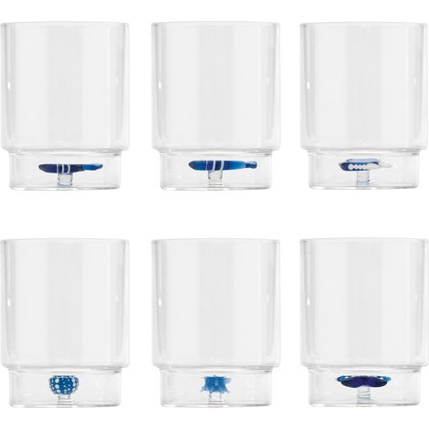 Zafferano Lot de 6 Gobelets Teca Mare en verre borosilicaté fait main avec décors marins assortis, design empilable et élégant