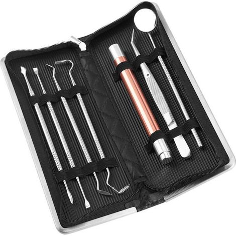 Ensemble de 7 pièces Kit dentaire, Acier inoxydable, Miroir anti-buée, Lampe LED, Hygiène bucco-dentaire (1/5)