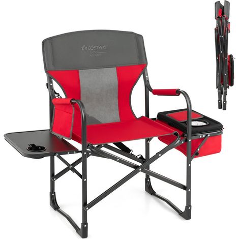 Robusta sedia pieghevole da campeggio 113 x 56 x 98 cm con tavolino laterale e borsa portaoggetti in metallo rosso 200011142