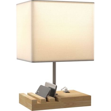 Lampe de chevet blanche en bois et tissu avec ports USB, interrupteur bascule et compartiments de rangement (1/5)