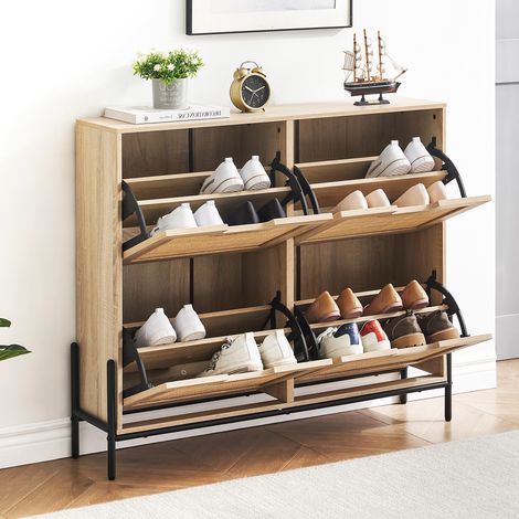 Schuhschrank Schmals,Schuhkipper mit 4 Klappen,Schuhschränke Rattan mit Herausnehmbaren Trennwänden für 16-20 Paar Schuhe, Platzsparend, Staubdicht, für den Eingang, Flur 100x24x88cm Schwarz (1/5)