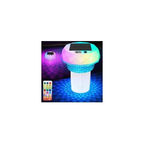 Flotteur de chlore de piscine à énergie solaire avec thermomètre numérique et lumière LED, distributeur de chlore flottant pour tablettes de chlore de 7,6 cm (tablettes non incluses), thermomètre de (1/5)