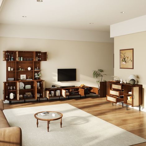 Conjunto de muebles de comedor con mueble bajo para TV, aparador y armario alto, estructura de MDF, frontal de mimbre, tiradores negros y patas de metal – conjunto moderno para salón (1/5)