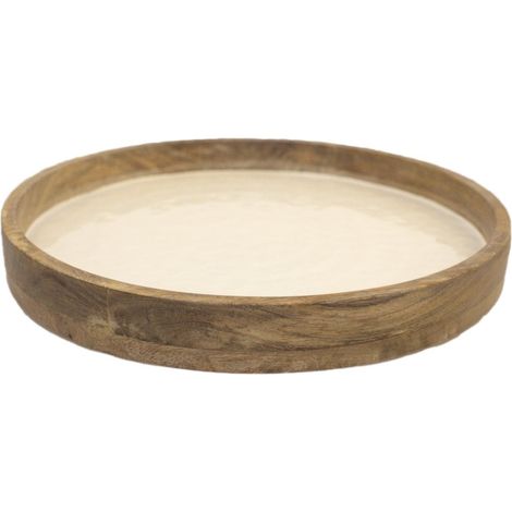 Plateau Rond de Service et Décoration en Bois de Manguier Blanc et Naturel 40 x 40 x 4 cm - PANGIVO (1/4)