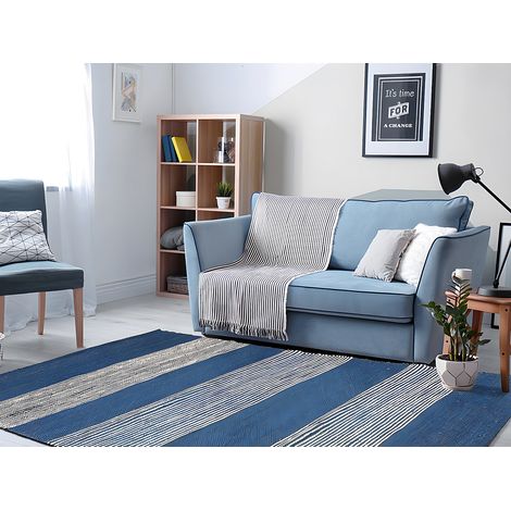Tapis en jute tissé à la main KOCHI - 200 x 290 cm - Bleu marine et blanc (1/4)