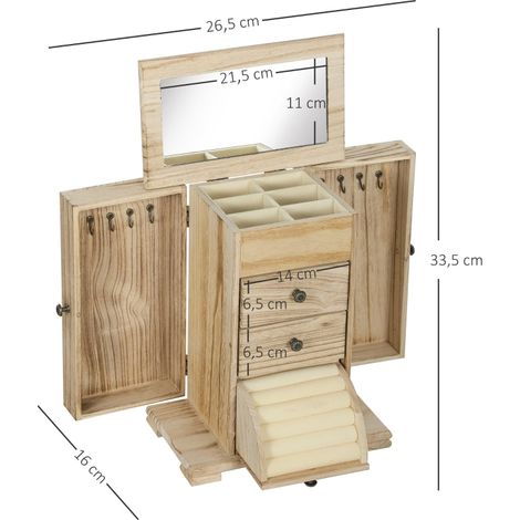 Coffret à bijoux en bois brun, 4 niveaux avec miroir intégré, coffre de rangement design (1/5)