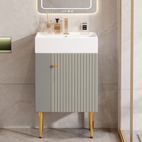 Meuble Sous Vasque Salle de Bain 55x31x91,5 cm avec Lavabo en Céramique, Rangement Latéral et Colonne - MDF Gris Blanc (1/5)