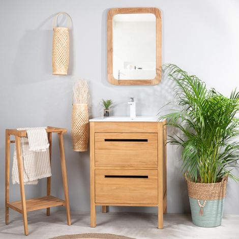 Wanda Collection – Meuble salle de bain 60 cm en teck et céramique – Vasque blanche – Tiroirs avec amortisseurs – Dimensions 61x47x90 cm