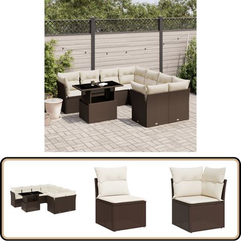 Salon de jardin avec coussins 9 pcs marron résine tressée - Ensemble Salon De Jardin - Meuble Extérieur - Table Extensible - Chaise Pliante - Canapé D'extérieur