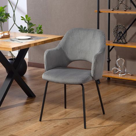 Silla de comedor, tapizada en pana, con forma de concha, patas metálicas, cojín para los pies, color gris. (1/5)