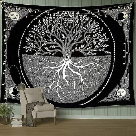 Tapisserie murale Arbre de Vie, Tapisserie esthétique Soleil et Lune, Tapisserie mandala noire et blanche, Décoration murale pour salon et chambre (Arbre) (1/5)