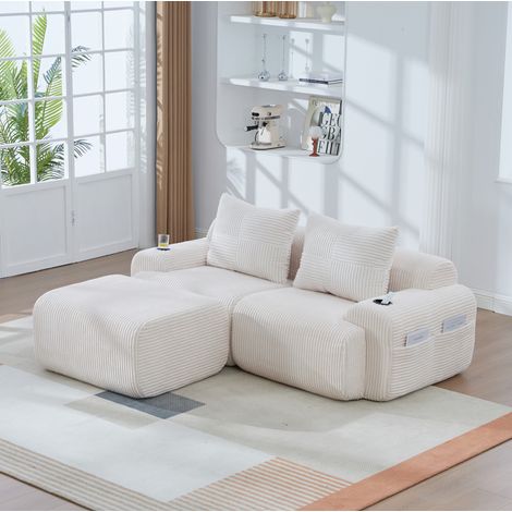 Divano modulare da 2 posti in velluto a coste (panno) con portabicchieri e tasca laterale, beige, 200x174x80 cm (1/5)