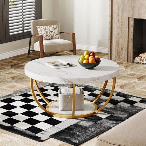 Table basse ronde de 80 cm avec 2 étagères, style industriel, idéale pour le salon ou comme table d'appoint moderne avec espace de rangement. (1/5)