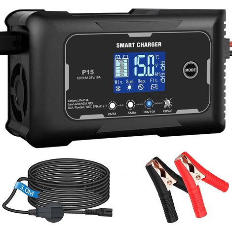 Chargeur de Batterie de Voiture 12 V/15 A et 24 V/10 A, pour Voiture, Moto, Tondeuse à Gazon, Bateau, Lithium, LiFePO4, Acide Plomb (AGM, Gel, MF, EFB, SLA, VRLA, etc.) (1/5)