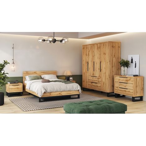 Komplettes Industrie-Schlafzimmer MILOS: Schrank, Stauraumbett 160x200, Kommode, Nachttische, rohe Eiche/schwarz