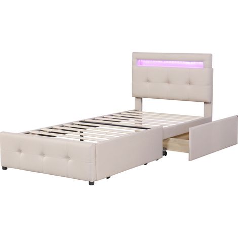 Cama tapizada 90 x 200 cm beige con LED y 2 cajones, cabecero de lino (1/5)