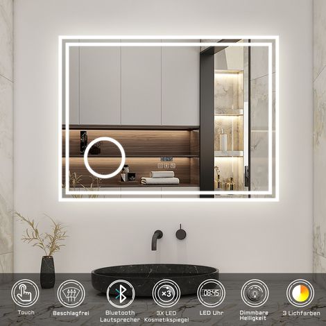 LED Badspiegel Lichtspiegel Wandspiegel Lichtspiegel Badezimmerspiegel, 80x60cm Beschlagfrei+3 Lichtfarben Dimmbar+Bluetooth+Uhr+3x Vergrerung Schminkspiegel+LED Memory Funktion (1/5)