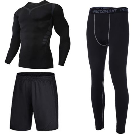 Ensemble de sport à séchage rapide pour homme, t-shirt d'été à manches courtes, vêtements d'entraînement, équipement de course, collants, tenue de basketball trois pièces (1/5)