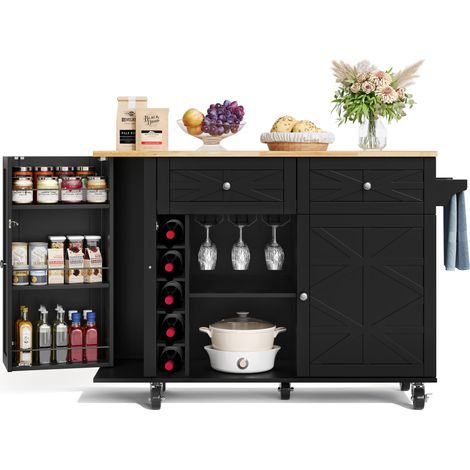 Îlot de cuisine avec plan de travail rabattable, équipé de 5 roulettes verrouillables, étagère de porte, casier à vin et porte-verres, noir, 120 × 45(70) × 89 cm (1/5)