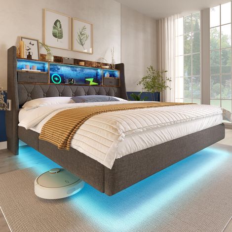 Lit suspendu capitonné 160x200 cm avec éclairage LED, tête de lit et station de charge (1 Type-C, 3 ports USB), lit double moderne avec tête de lit de rangement et sommier à lattes, lin
