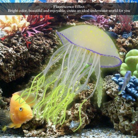 Méduse artificielle en silicone jaune citron, idéale pour la décoration d'aquarium. (1/5)