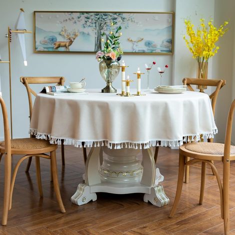 Nappe ronde coton lin avec franges Beige 240 cm