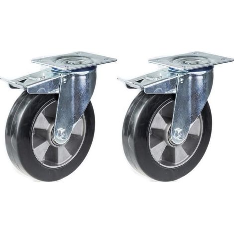 Swivel caster - 152 mm - Black rubber - Brake - Set of 2