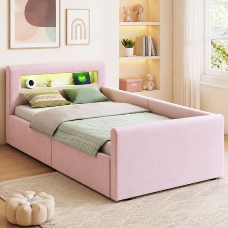 DESMIU Lit Enfant 1 Place avec Coffre Hydraulique, USB, LED et Étagère 90 × 200 cm, Sans Matelas, Rose (1/5)
