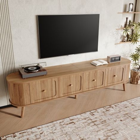Meuble TV 180 cm chêne vintage avec 4 portes battantes, poignées dorées, pieds bois, 180x38x47 cm (1/5)