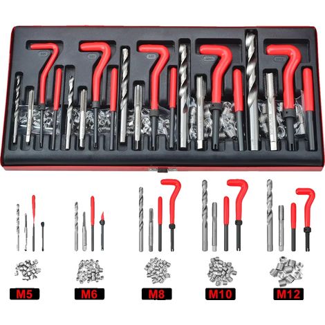 Kit de reparación de roscas, 131 piezas, incluye brocas y machos de roscar HSS, color rojo. (1/2)