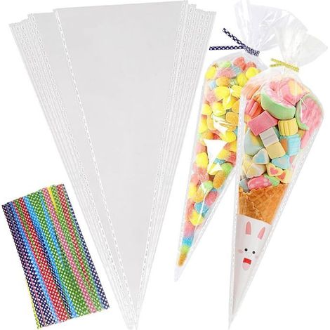 100pcs sachets de cônes avec 100 attaches colorées,sachet pour bonbon,sac triangulaire pour bonbons,biscuits,pâtisseries-16 x 30 cm (1/4)