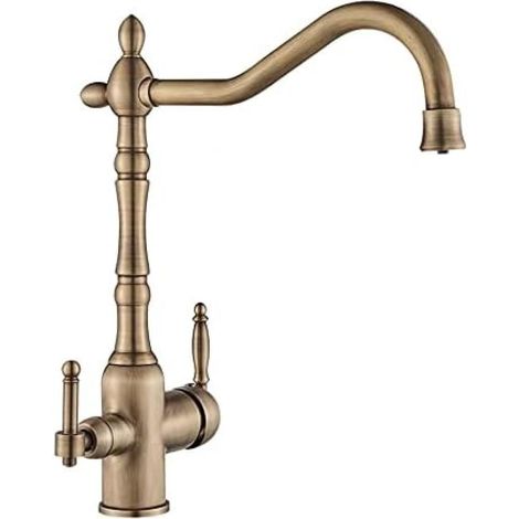 Robinet Cuisine avec Filtre à Eau, 2 Poignées, Bec Pivotant 360°, Laiton Antique, Robinet Mélangeur pour Cuisine ou Camping RV (1/5)
