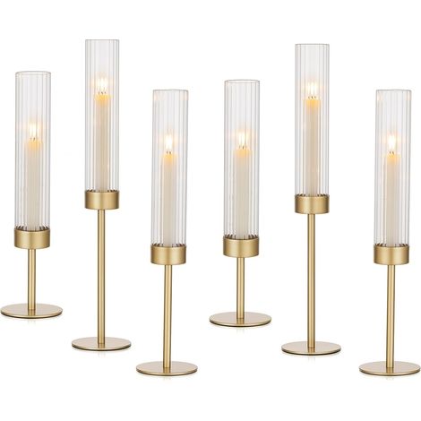 Bougeoirs en or en verre cylindrique: Lot de 6 porte-bougies en métal pour bougies à piquer pour décoration de salon vintage, grand porte-bougie avec photophore en verre pour Noël, mariage (1/5)