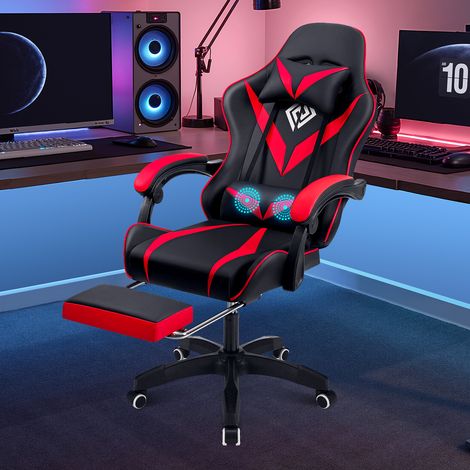 Gaming-Stuhl Bürostuhl mit Fußstütze, Massage Stuhl Höhenverstellbar, bis 90kg, Rot+Schwarz