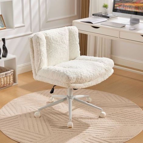 Chaise de bureau/télétravail à assise large de 26,4 pouces (avec piètement en métal) — Revêtement en fausse fourrure façon lapin pivotante et réglable en hauteur adaptée aux bureaux ou aux coins coi (1/5)