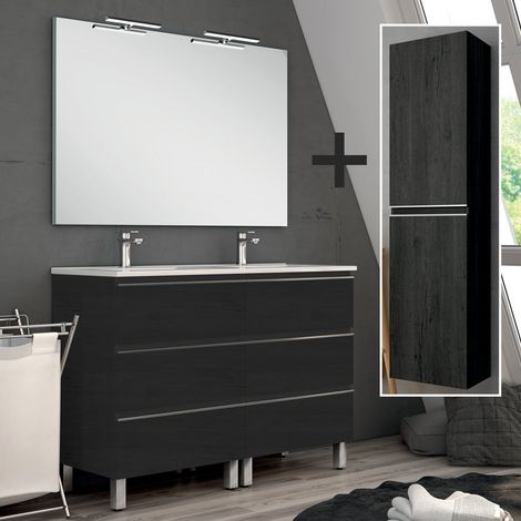 Ensemble meuble de salle de bain 120cm double vasque + colonne de rangement - ebony (bois noir) - PALMA (1/5)
