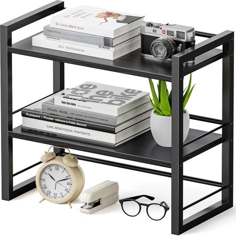 Étagère Bureau Double en Bois, Organiseur de Bureau Compact, Étagère de Rangement à Poser sur Bureau pour Livres et Fournitures, Petite Étagère pour Plan de Travail (Entièrement Noir) (1/5)