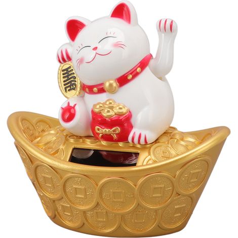 Ornement solaire Chat porte-bonheur, symbole de prospérité, patte levée, figurine de chat porte-bonheur pour tableau de bord de voiture MLY23028, blanc (1/5)