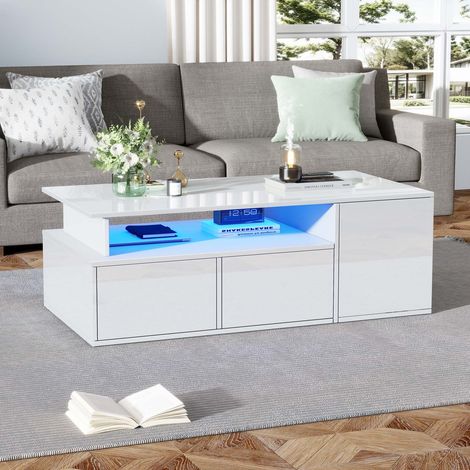 Table basse LED blanche 100x50 cm avec 2 tiroirs, rangement 9 compartiments, meuble salon moderne avec éclairage connecté USB (1/5)