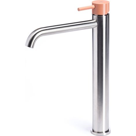 Rubinetto Miscelatore Monocomando Lavabo Alto in Acciaio Inox Satinato Maniglia Cipria (1/3)