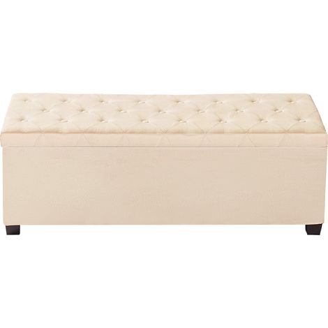 Coffre de rangement banquette ottoman, capitonné boutons, avec poches latérales, coffre à ouverture relevable, cadre métallique, lin beige, pour salon, chambre, entrée, bureau. (1/5)