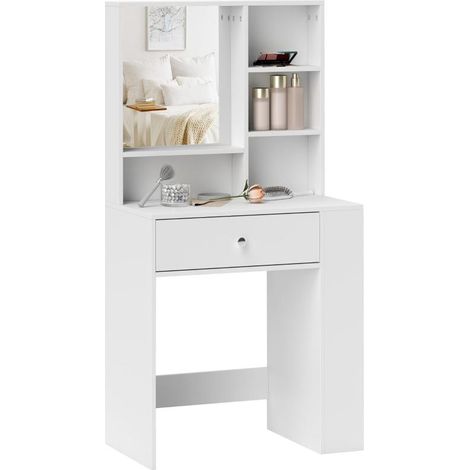 Coiffeuse avec miroir, tiroir, étagère latérale à 3 niveaux, panneaux de particules, blanche, de haute qualité pour une utilisation durable