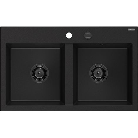 Mexen Hektor Granitspüle 2-Kammer 800 x 480 mm, schwarz, schwarzer Siphon - 6521802000-77-B (1/5)