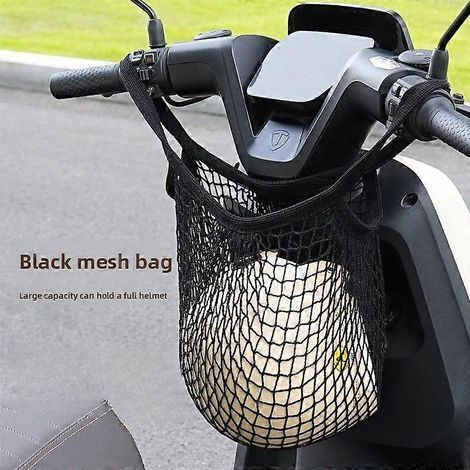 Sacoche filet de rangement pour moto (noire - courte), porte-casque avant en maille élastique pour vélos et scooters électriques, compatible avec les casques intégraux, sac de transport multi-usages (1/5)
