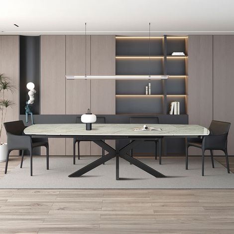 Table repas extensible 160-240cm en pierre effet marbre beige et métal