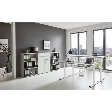 BMG Möbel Büromöbel-Set, e-Office Edition Set 14, Schreibtisch höhenverstellbar, 160 cm, grau/ weiß hochglanz