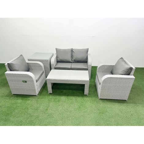 Fimous Light Grey PE Wicker Rattan Garden Furniture Set Sofa Set Reclining Adjustable Chair Oblong Coffee Table 4 Seater With Side Table (1/4)
